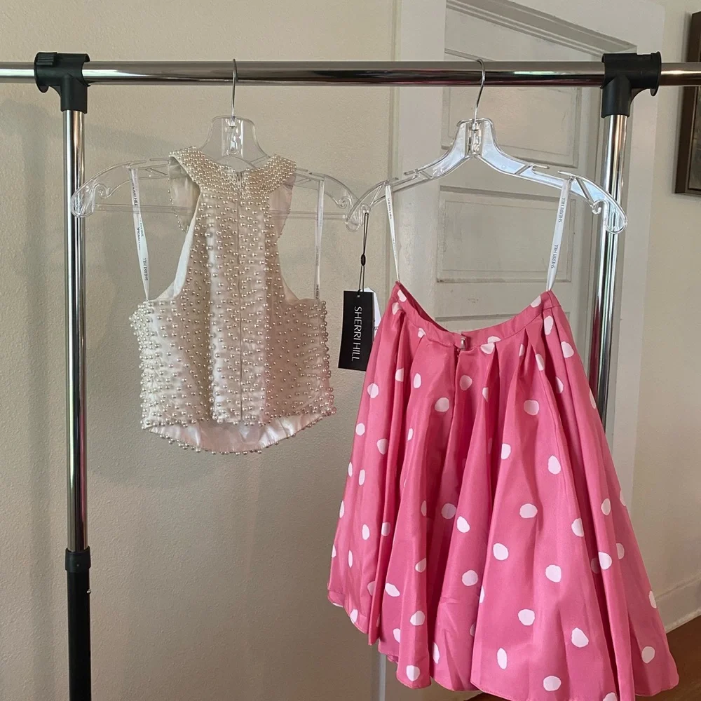 Sherri Hill Pearl White and Pink Polka Dot Prom Dress - Picture 2 of 5
